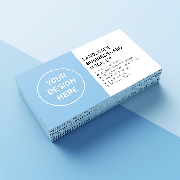 Pile réaliste prête à l'emploi de carte de visite paysage 90 x 50 mm avec modèle de conception de coin pointu en vue de face en perspective PSD Premium