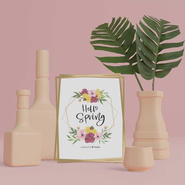 Vases 3d Et Feuillage Avec Maquette De Carte Bonjour Printemps Psd Gratuite