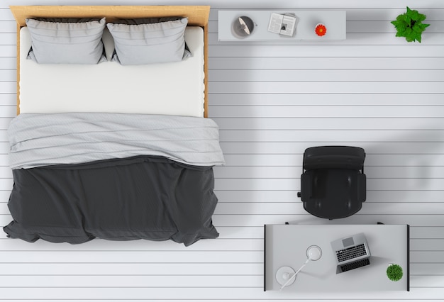 Vue de dessus de la chambre intérieure avec un ordinateur portable. PSD Premium