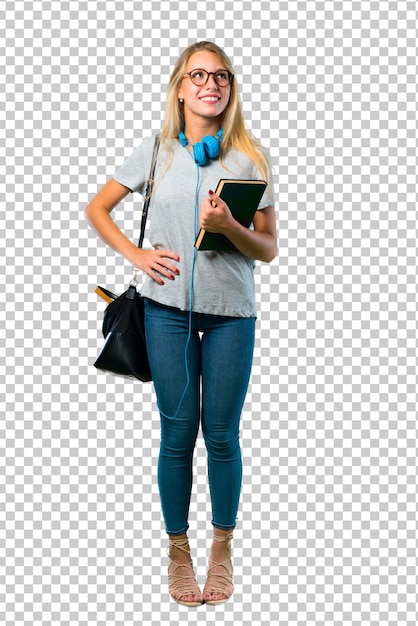 Aluna com óculos posando com os braços no quadril e rindo Psd Premium