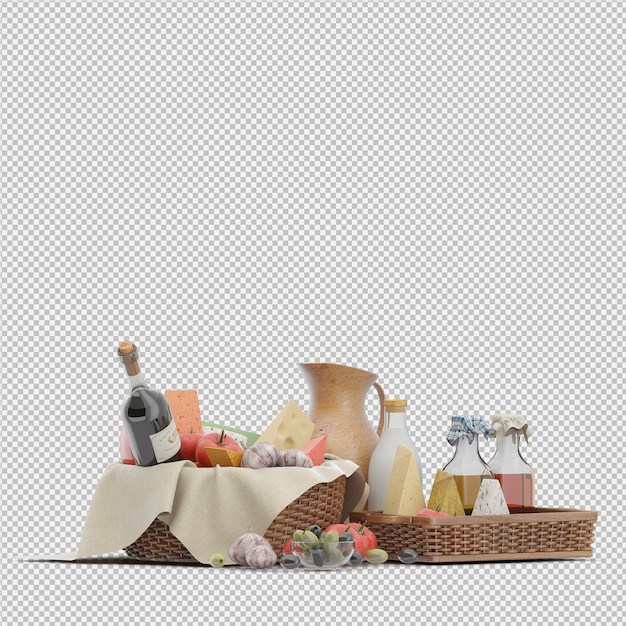 Cesta de piquenique com comida 3d render Psd Premium