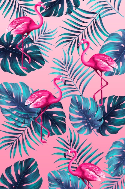Cópia tropical engraçada no estilo pintado à mão com flamingo cor-de-rosa Psd grátis