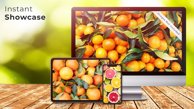 Dispositivo de apple perfeito pixel simulado acima do iphone x, ipad tablet e tela imac na mesa de madeira rústica com design de bokeh verde, natural, orgânico psd mock up Psd Premium