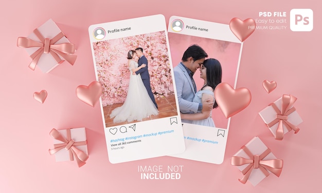 Download Dois instagram post mockup template dia dos namorados casamento amor coração forma e caixa de ...