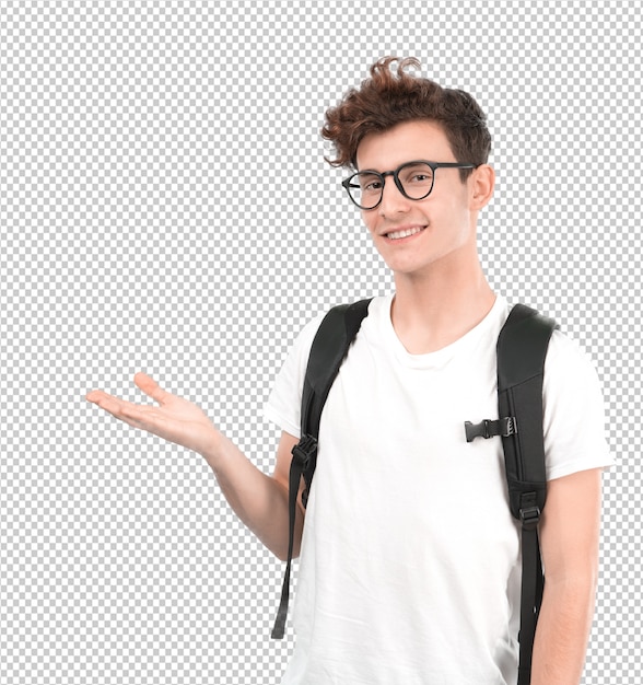 Feliz jovem estudante mostrando algo com a mão Psd Premium