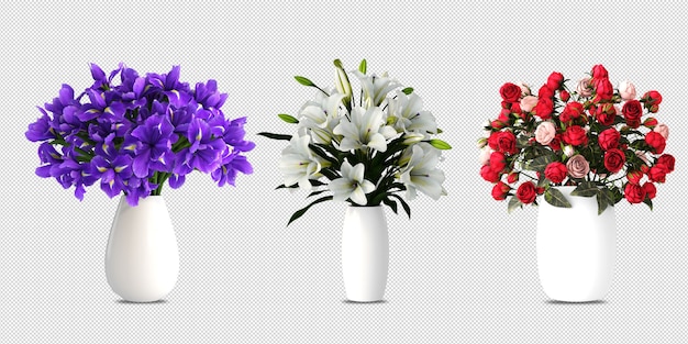 Flores em vaso em renderização 3d isoladas PSD Premium