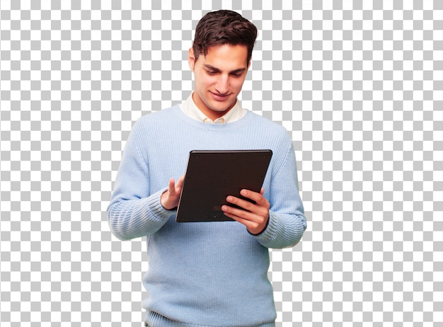Homem bronzeado bonito jovem com um tablet de tela de toque Psd Premium