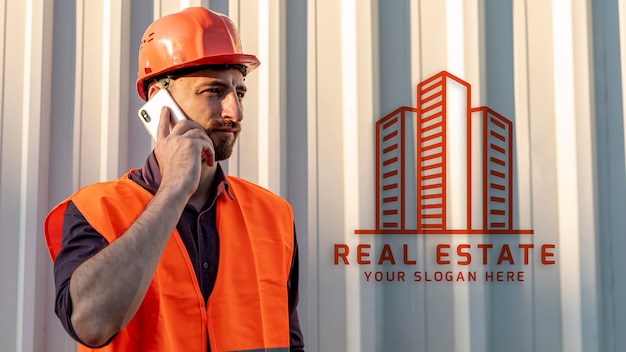 Homem imobiliário com o chapéu duro que fala no telefone Psd grátis