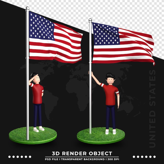 Ilustração 3d Da Bandeira Dos Estados Unidos Com Personagem De Desenho Animado De Pessoas Fofas 