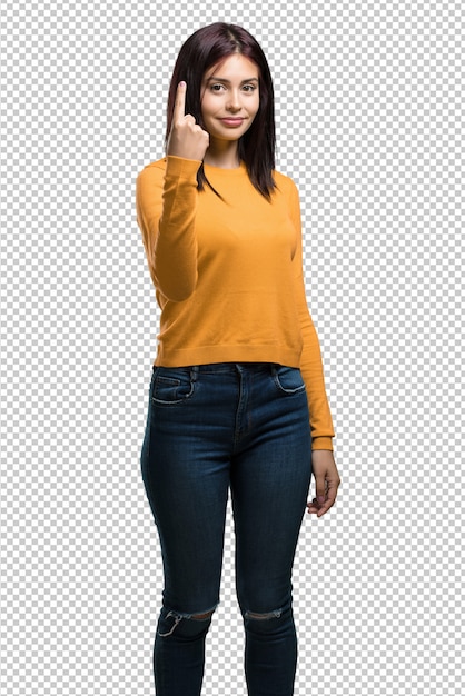 Jovem, mulher bonita, mostrando, numere um, símbolo, de, contagem, conceito, de, matemática, confiante, e, alegre Psd Premium