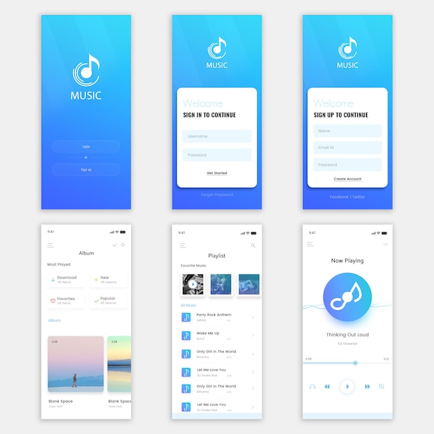 Kit de interface do usuário do aplicativo para dispositivos móveis de música Psd Premium