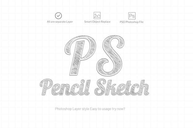 Lápis esboço photoshop efeito de texto Psd Premium