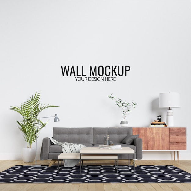 Maquete de parede interior moderna sala de estar com mobiliário e decoração Psd Premium