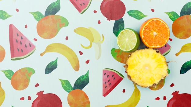 Maquete de verão plana leigos com copyspace e frutas Psd grátis