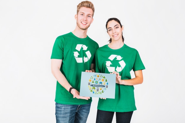 Maquete do dia do meio ambiente com papel de exploração de casal voluntário Psd grátis