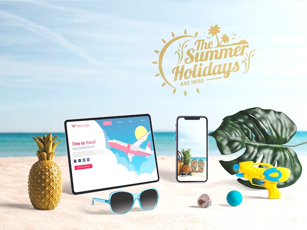 Maquete editável de tablet e smartphone com elementos de verão Psd grátis