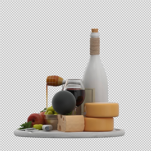 Mesa pequena com provolone vinho azeitonas maçã mel 3d render Psd Premium