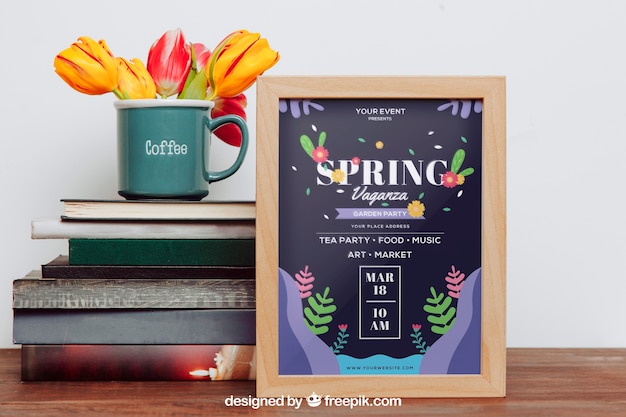 Download Mockup de primavera com quadro ao lado de livros | PSD Grátis