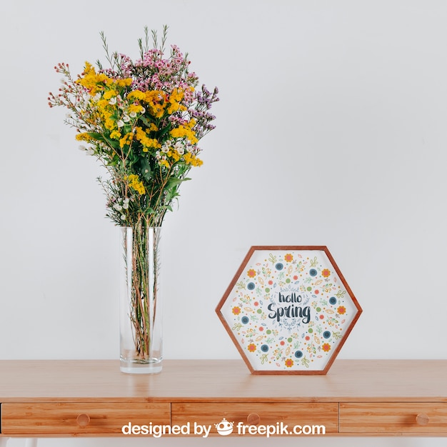 Download Mockup de primavera com quadro hexagonal e vaso de flores ... PSD Mockup Templates