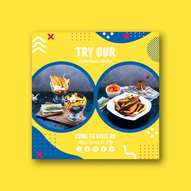 Modelo de cartão quadrado para restaurante em estilo memphis Psd grátis