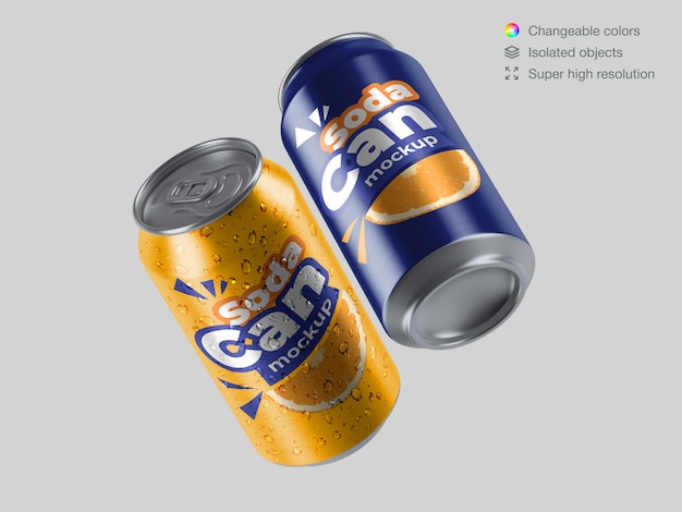 Download Modelo de maquete de latas de refrigerante de alumínio flutuante realista | PSD Premium