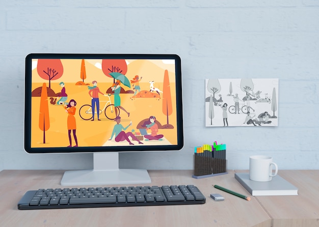 Monitor de mock-up com desenho colorido Psd grátis