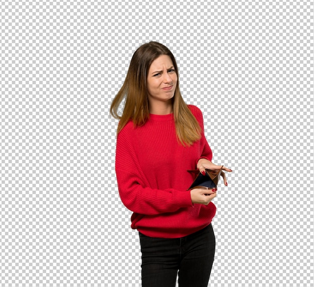 Mulher jovem, com, camisola vermelha, segurando, um, carteira Psd Premium