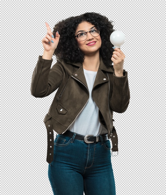 Mulher jovem, segurando, um, bulbo leve Psd Premium