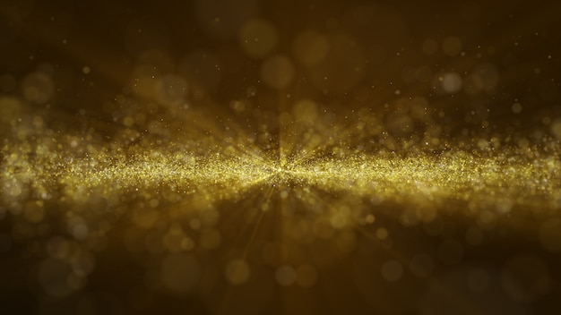 O brilho dourado do particale da poeira do brilho acende o fundo abstrato para a celebração com feixe luminoso e brilho no centro. voar através. Psd Premium
