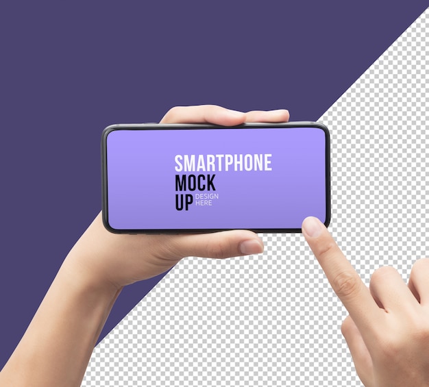 Pessoa, segurando e tocando smartphone com maquete da tela Psd Premium