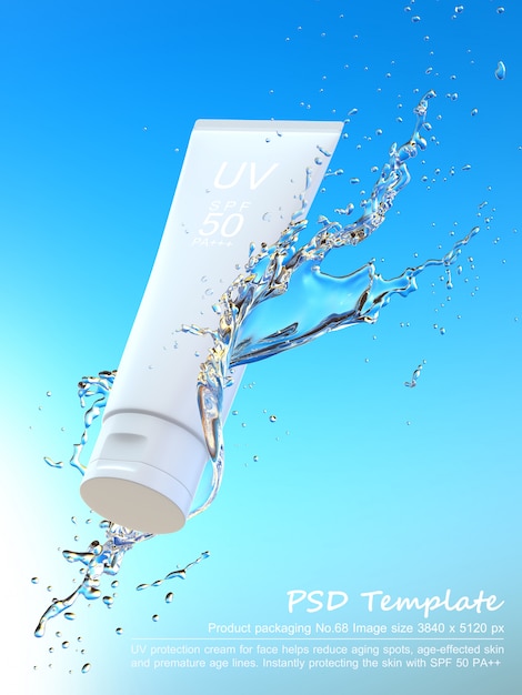 Produto de protetor solar uv com respingos de água no fundo azul 3d render Psd Premium