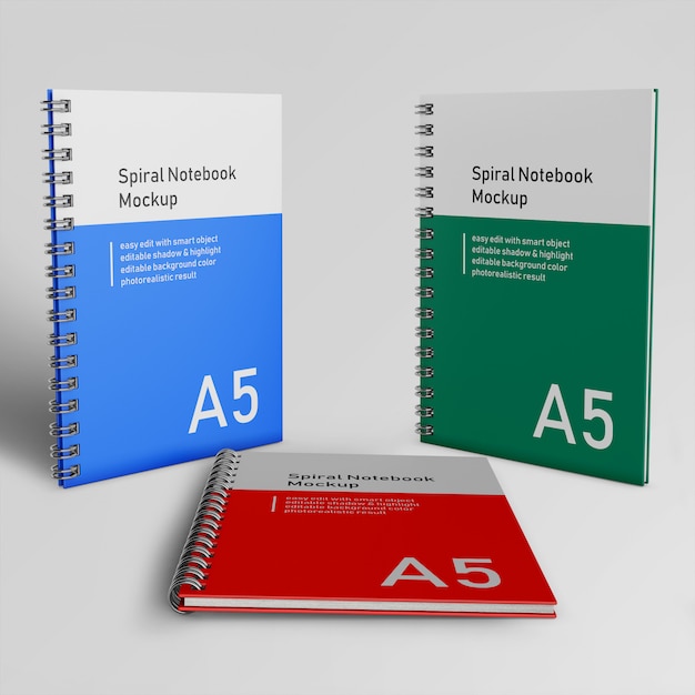 Pronto para usar três capa dura corporativa spiral binder notepad mock ups design modelos em pé e descansando na frente vista em perspectiva Psd Premium