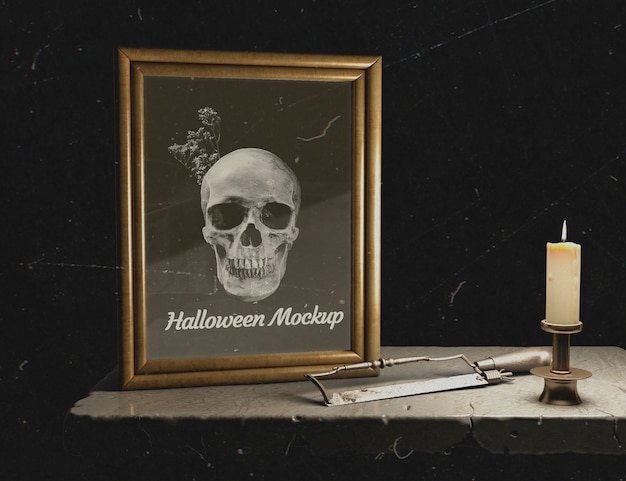 Quadro de mock-up halloween vista frontal com crânio Psd grátis