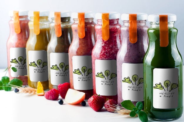 Sucos de frutas e vegetais frescos e saudáveis em garrafa de vidro mock up Psd Premium