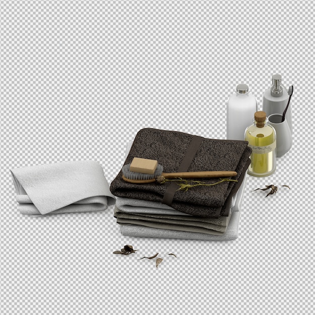 Toalhas dobradas com acessórios do banheiro 3d isolado render Psd Premium