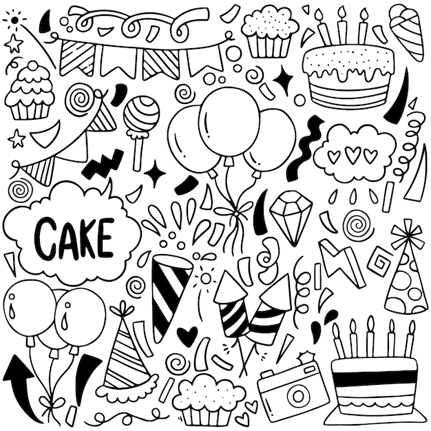 07 09 065 Parti Dessine A La Main Doodle Joyeux Anniversaire Motif De Fond D Ornements Illustration Vectorielle Vecteur Premium