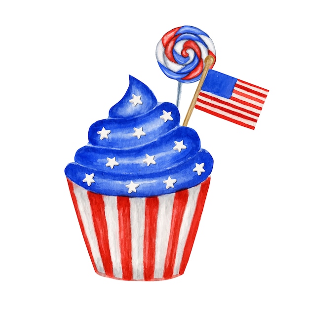 4 Juillet Cupcake Patriotique Aquarelle Aux Couleurs Du Drapeau Usa Pour Les Compositions De Design Americain De Gateau Sucre Independence Day Of America Memorial Flag Day Party Celebration Decor Decor Concept