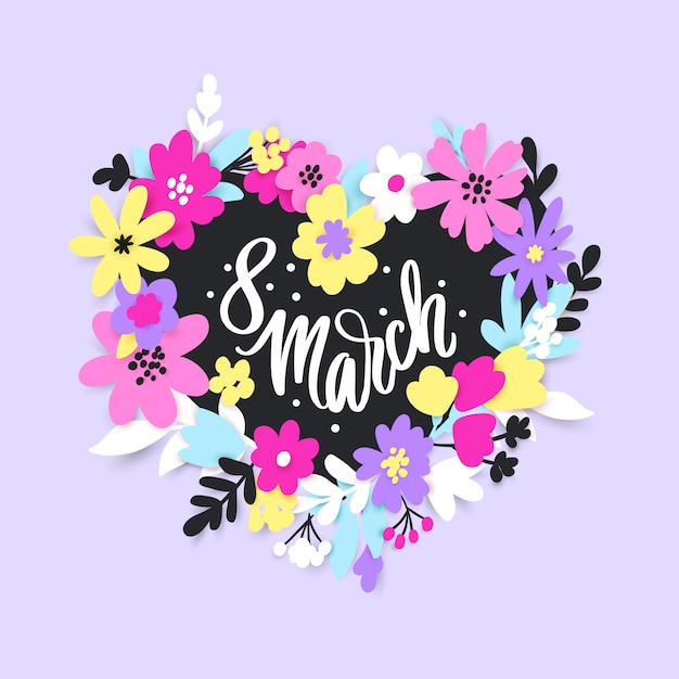 8 Mars. Carte De Voeux De Bonne Fête Des Femmes Avec Des Fleurs Et Des Feuilles Dans Un Style De Papier Découpé. Vecteur Premium