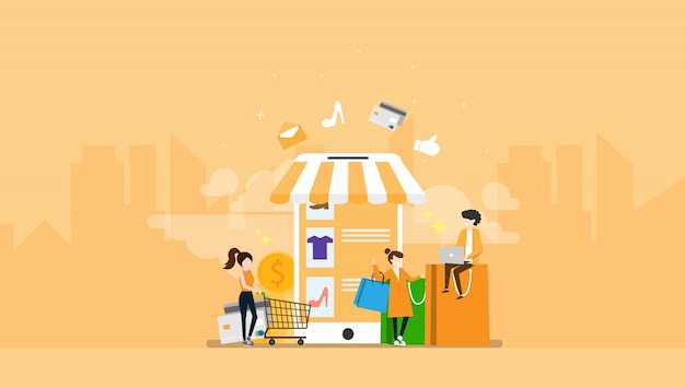 Achat en ligne ecommerce tiny people caractère illustration Vecteur Premium