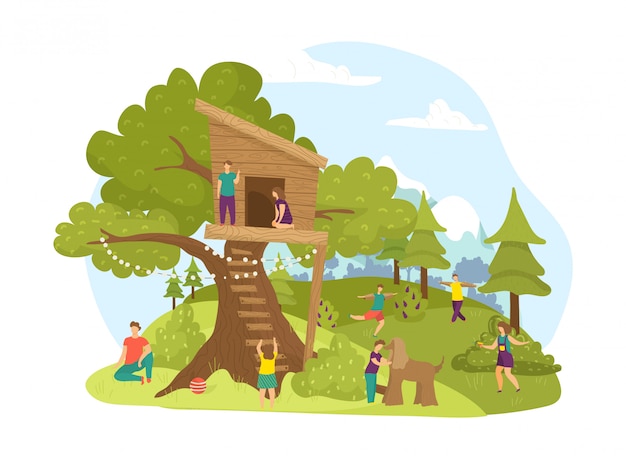 Activite Des Enfants Dans Le Parc Illustration De L Enfance De La Maison De L Arbre