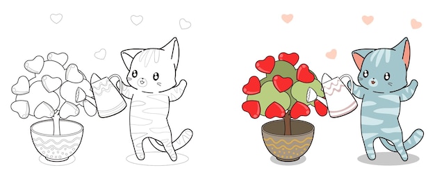 Adorable Chat Plante Arbre De Coloriage De Dessin Anime D Amour Pour Les Enfants Vecteur Premium