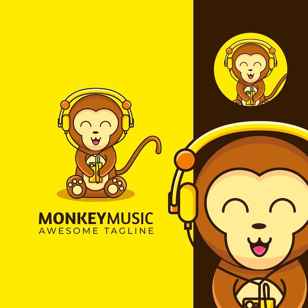 Adorable Mascotte Dessin Anime Bebe Singe Portant La Musique De Casque Vecteur Premium