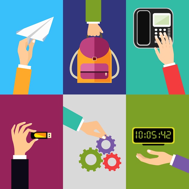 Affaires mains gestes des éléments de conception de la tenue de sac à dos avion en papier touchant illustration vectorielle téléphone isolé Vecteur gratuit