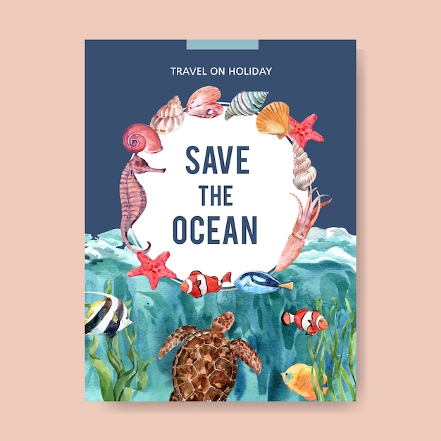 Affiche avec aquarelle thème sealife, modèle d'illustration colorée créative. Vecteur gratuit