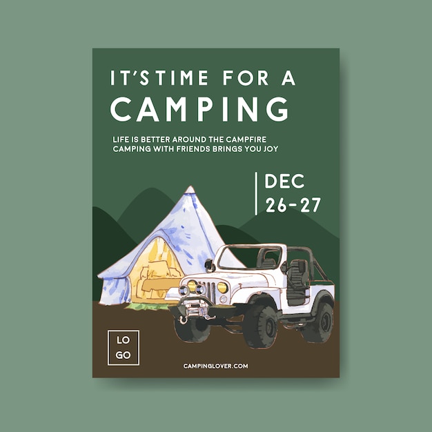 Affiche de camping avec illustrations de tente, voiture et montagne Vecteur gratuit