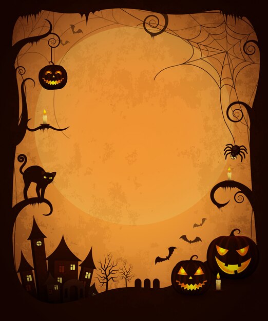 Affiche d'halloween sombre effrayant. maison hantée, citrouilles maléfiques, bougies luminescentes, chat et araignées effrayantes, chauves-souris volant et grande lune Vecteur Premium