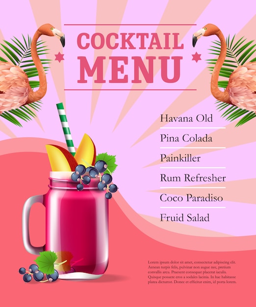 Affiche De Menu Cocktail. Jus De Fruits Et Flamants Roses Et Feuilles