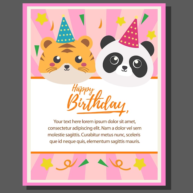 Affiche De Theme Joyeux Anniversaire Avec Tigre Et Panda Vecteur Premium