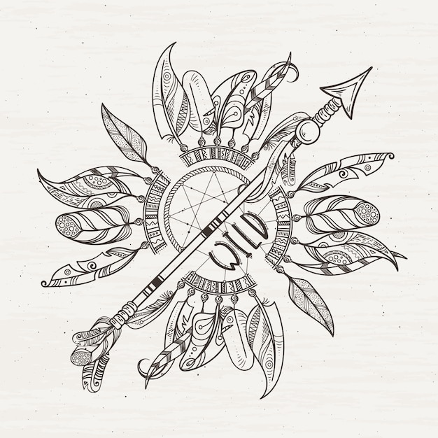 Affiche tribale avec des flèches de dreamcatchers et des plumes indiennes Vecteur Premium
