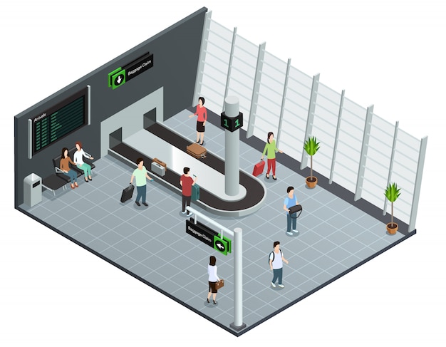 Affiche De Vue Isométrique Carrousel Aéroport Moderne Bagages Avec Passagers En Attente De Bagages Vecteur gratuit